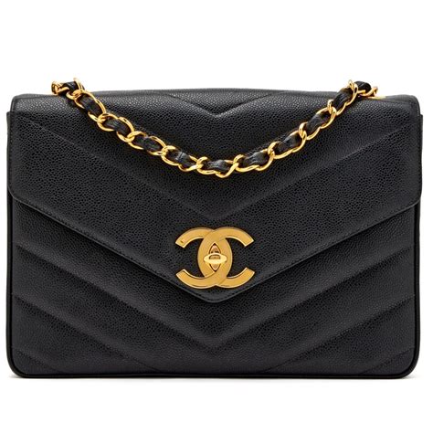 Chanel Vintage Black Chevron Quilted Caviar Small Envelop 